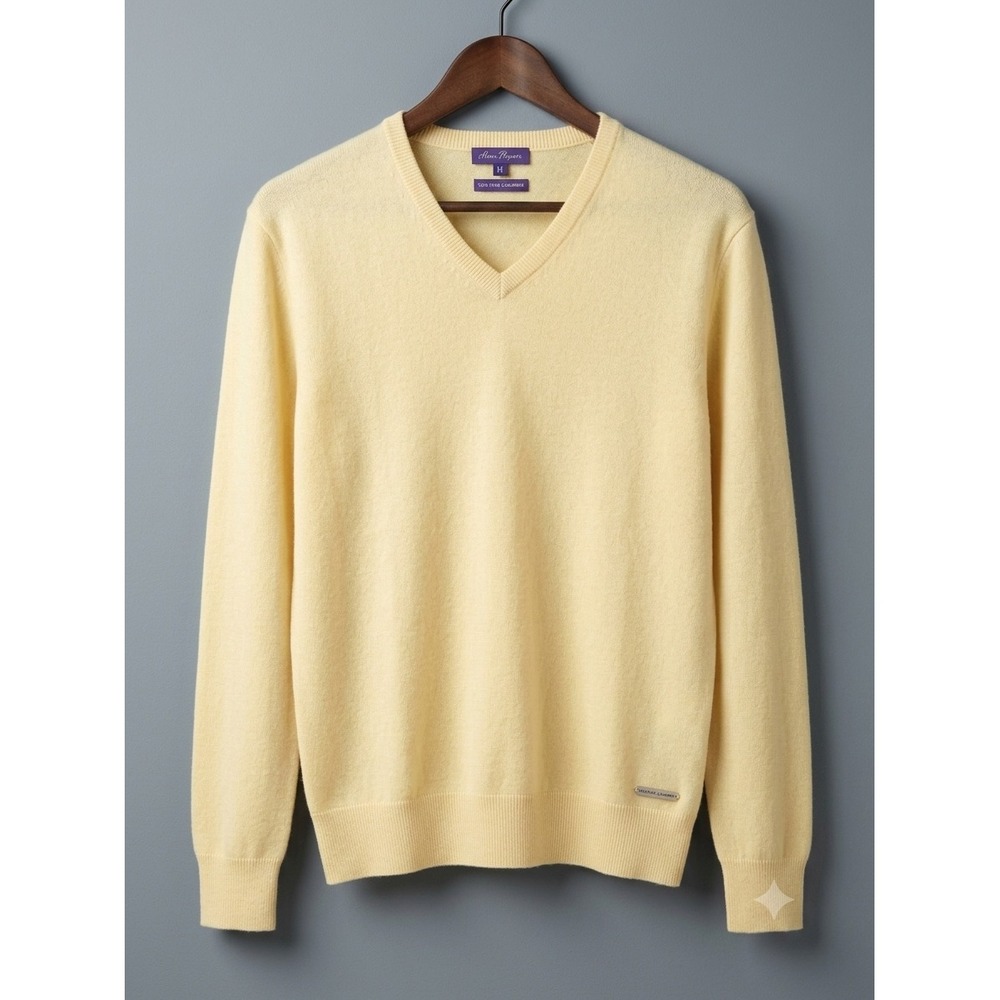 Alan Flusser Mens 100% Pure Cashmere V-Neck Sweater Pale Yellow Size M
